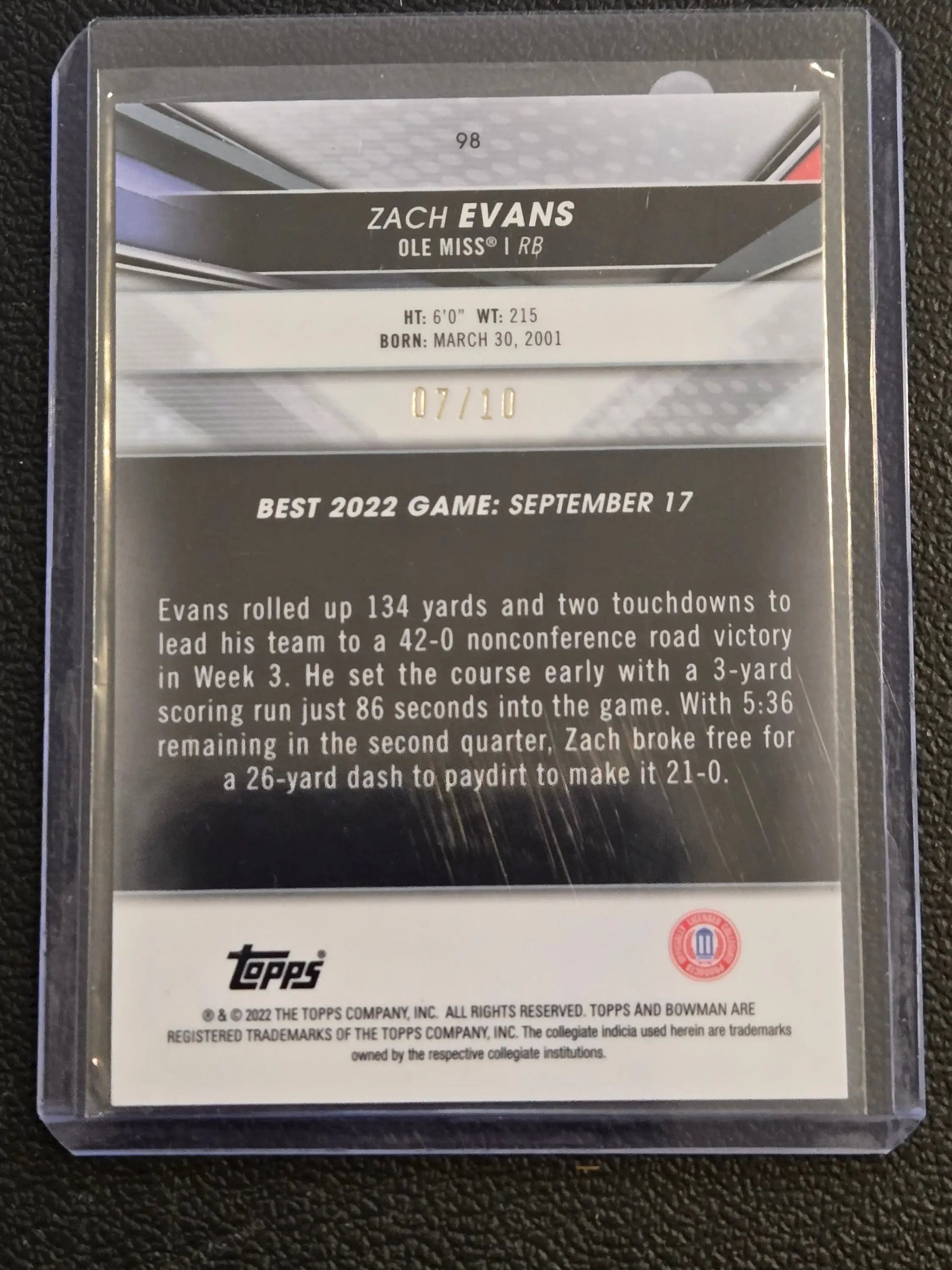 Collectible Zach Evans Bowman University Chrome Red Shimmer Refractor card #/10 with 2022 stats
