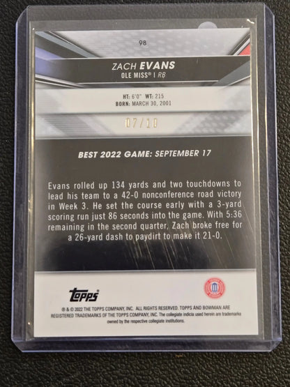 Collectible Zach Evans Bowman University Chrome Red Shimmer Refractor card #/10 with 2022 stats