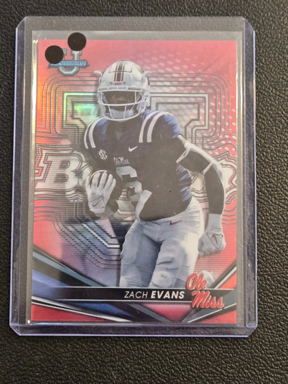 Zach Evans Bowman University Chrome football card with red shimmer refractor background