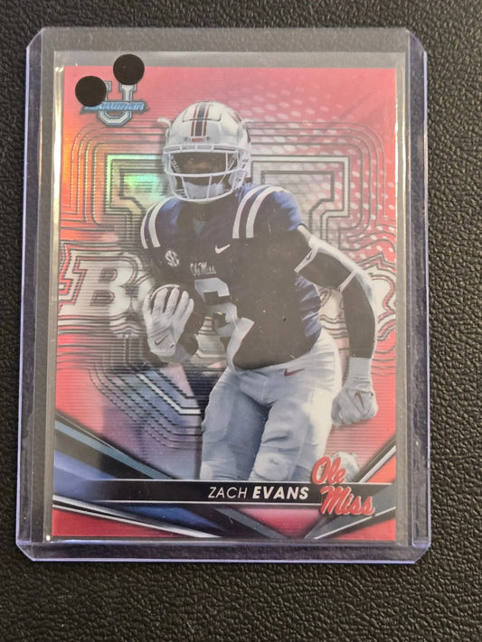 Zach Evans Bowman University Chrome football card with red shimmer refractor background