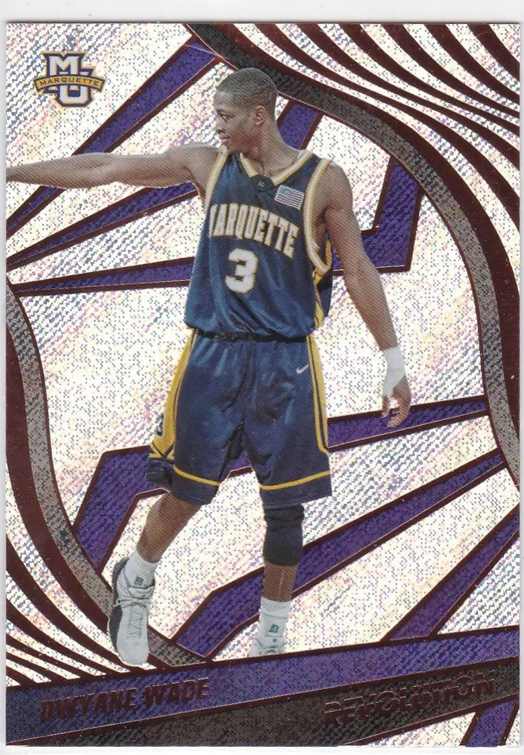 Basketball trading card featuring Dwyane Wade Marquette in navy and gold uniform from Chronicles Revolution