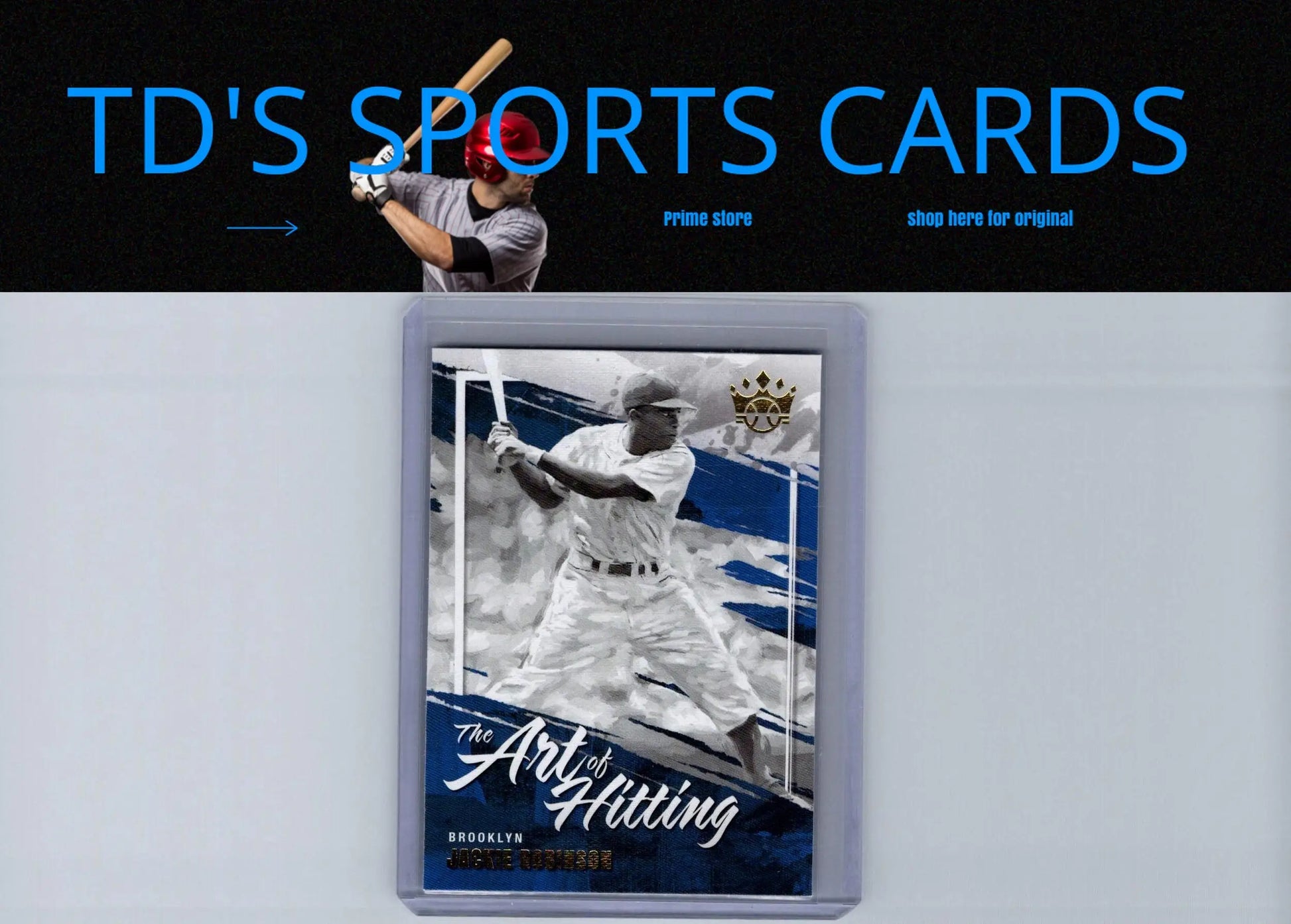 Framed Jackie Robinson hitting blue holo baseball card from 2022 Diamond Kings series