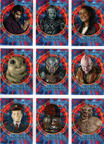 Doctor Who trading cards from 2022 insert card set featuring Allies & Adversaries