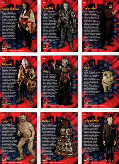 Collection of Doctor Who trading cards in a 2022 insert card set featuring allies and adversaries