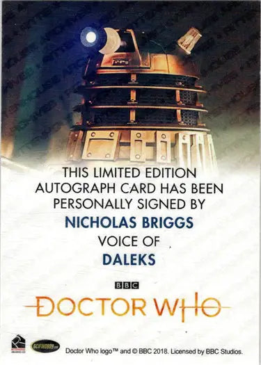 Nicholas Briggs autograph card from 2022 Doctor Who Series 11 & 12 Full Bleed Autograph Card
