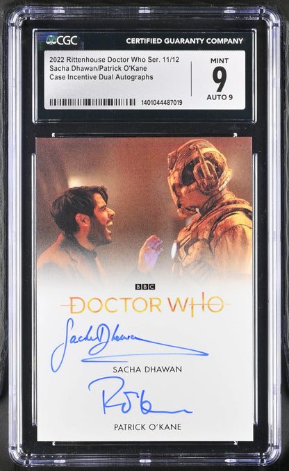 Graded CGC 9 Doctor Who Autograph Card features Sacha Dhawan and Patrick O’Kane artwork