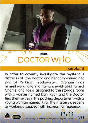 Teal parallel card of Doctor Who featuring ’Kerblam!’ from Series 11 & 12