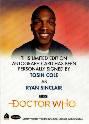 Tosin Cole autograph card from 2022 Doctor Who Full Bleed Autograph Card series