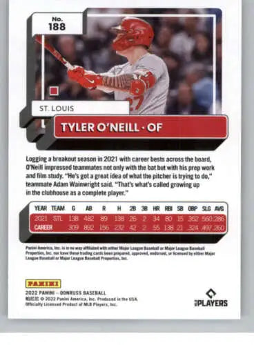 Baseball card of Tyler O’Neill NM-MT from 2022 Donruss featuring original gloss design