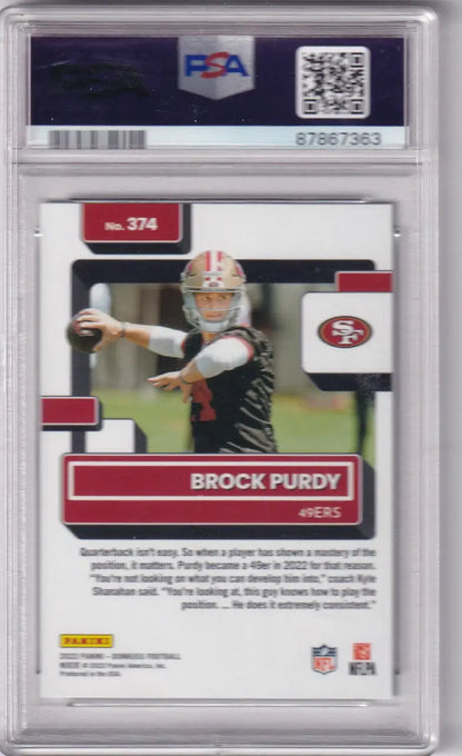 Brock Purdy PSA football card from 2022 Donruss featuring San Francisco 49ers player