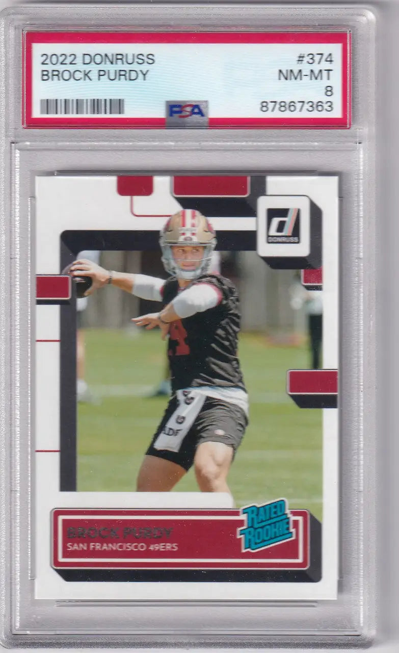 Graded Brock Purdy football card PSA 8 from 2022 Donruss San Francisco 49ers