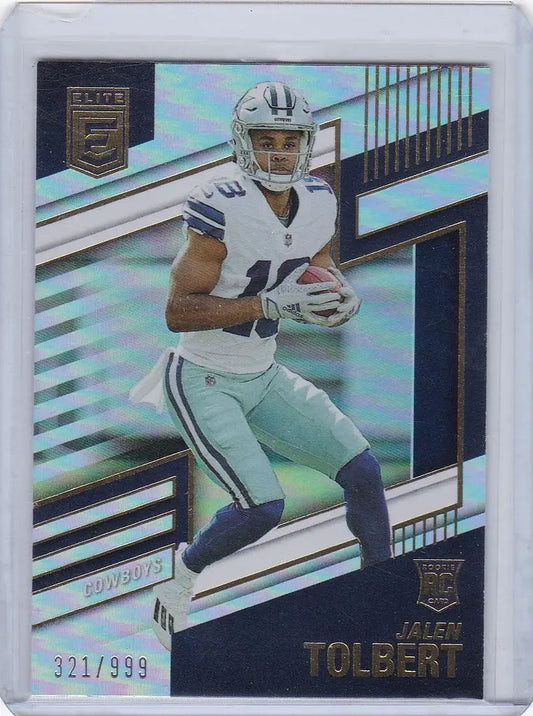 Football trading card of Jalen Tolbert from Donruss Elite, showcasing Dallas Cowboys action