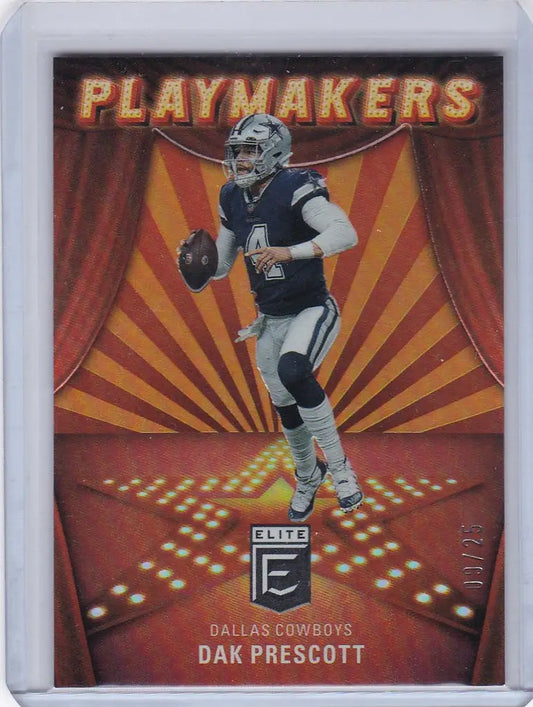 Football trading card of Dak Prescott in a throwing stance for Donruss Elite Playmakers