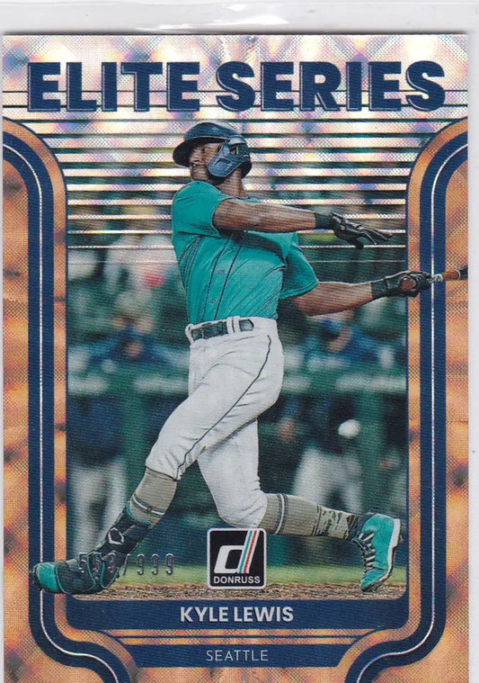 Baseball card of Kyle Lewis mid-swing in teal jersey for Seattle Mariners Elite Series