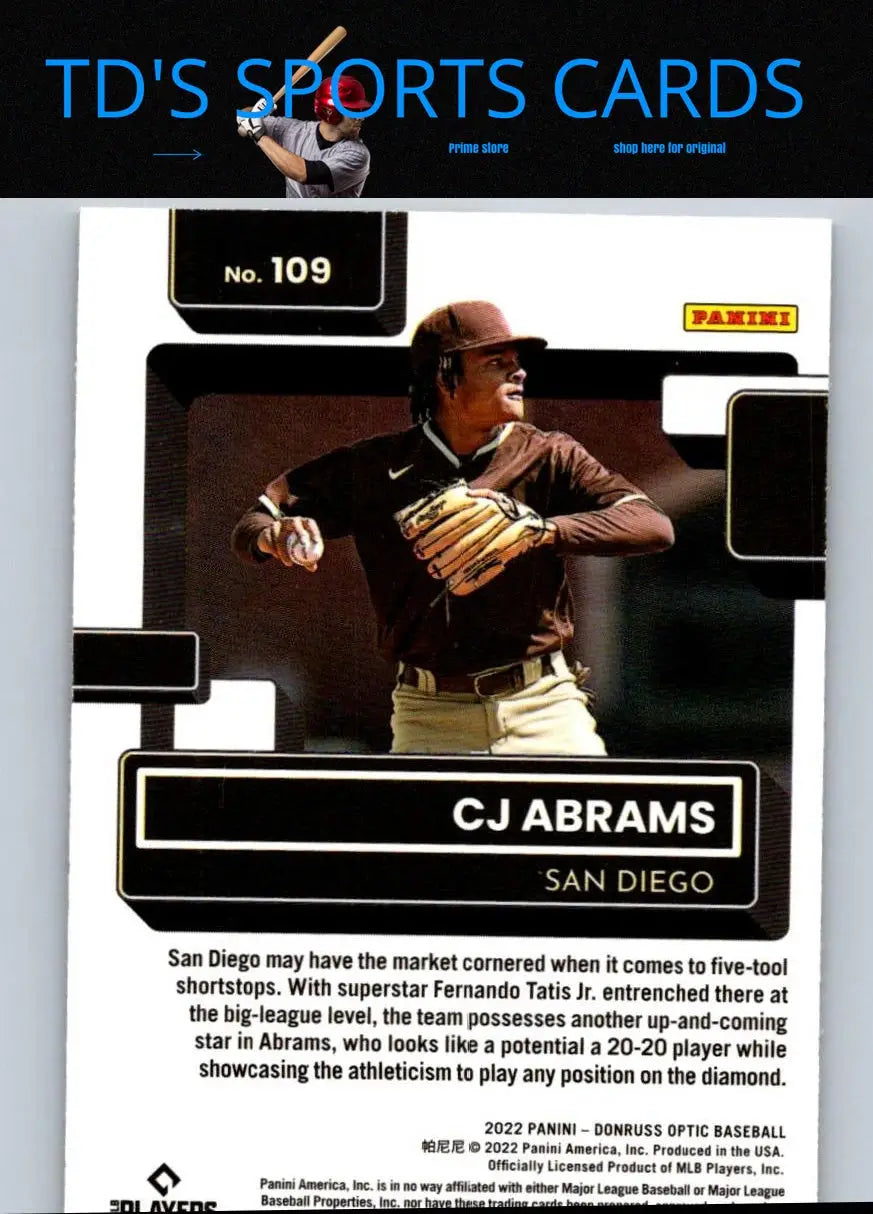 2022 Donruss Optic CJ Abrams baseball card displayed in product listing