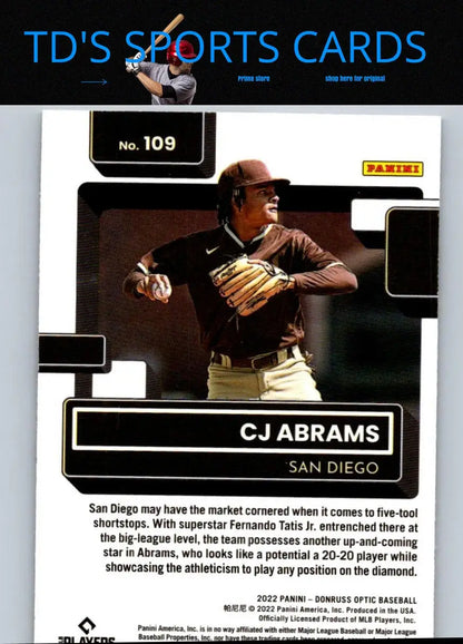2022 Donruss Optic CJ Abrams baseball card displayed in product listing