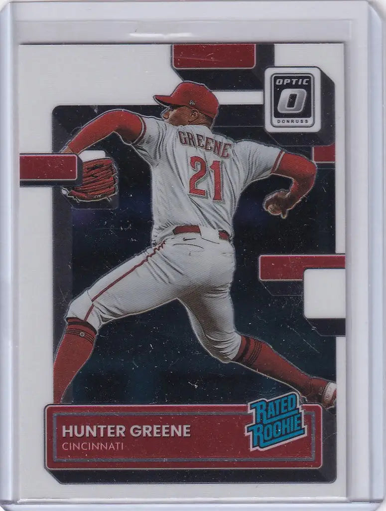 Baseball card of Hunter Greene Cincinnati Reds in mid-throw motion from Donruss Optic