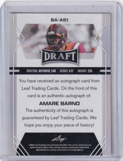 Back of a 2022 Leaf Draft Auto #AB1 Amar Barno football trading card with autograph guarantee