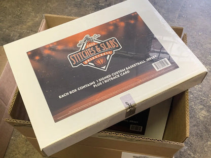 Sealed box of 2022 Leaf Stitches & Slabs Basketball Hobby featuring autographed jersey card