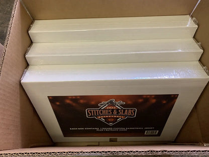 Box of wrapped basketball jerseys from 2022 Leaf Stitches basketball hobby box