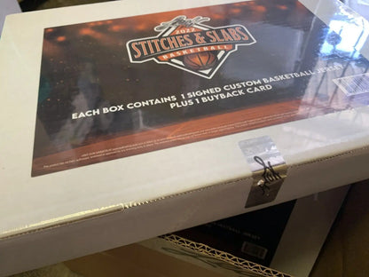 Sealed Stitches & Slabs Basketball box featuring 2022 Leaf Stitches hobby products