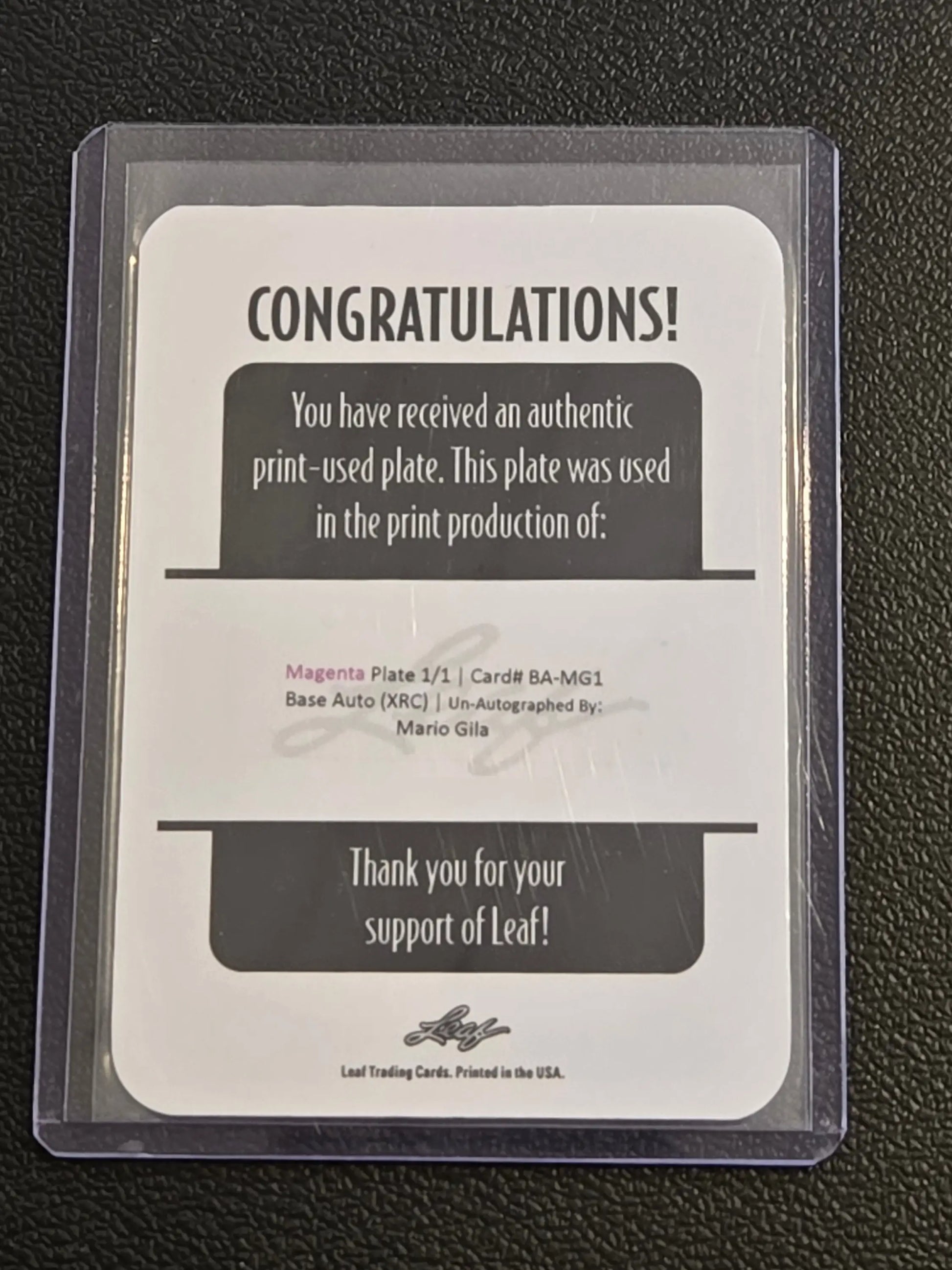 Trading card featuring Mario Gila printing plates from 2022 Leaf Vivid #BA-MG1