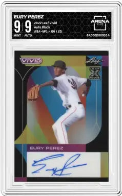 Graded Eury Perez autographed baseball card from 2022 Leaf Vivid Eury Pérez series