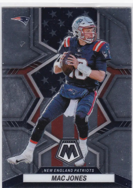 Football trading card of Mac Jones of the New England Patriots with mosaic background