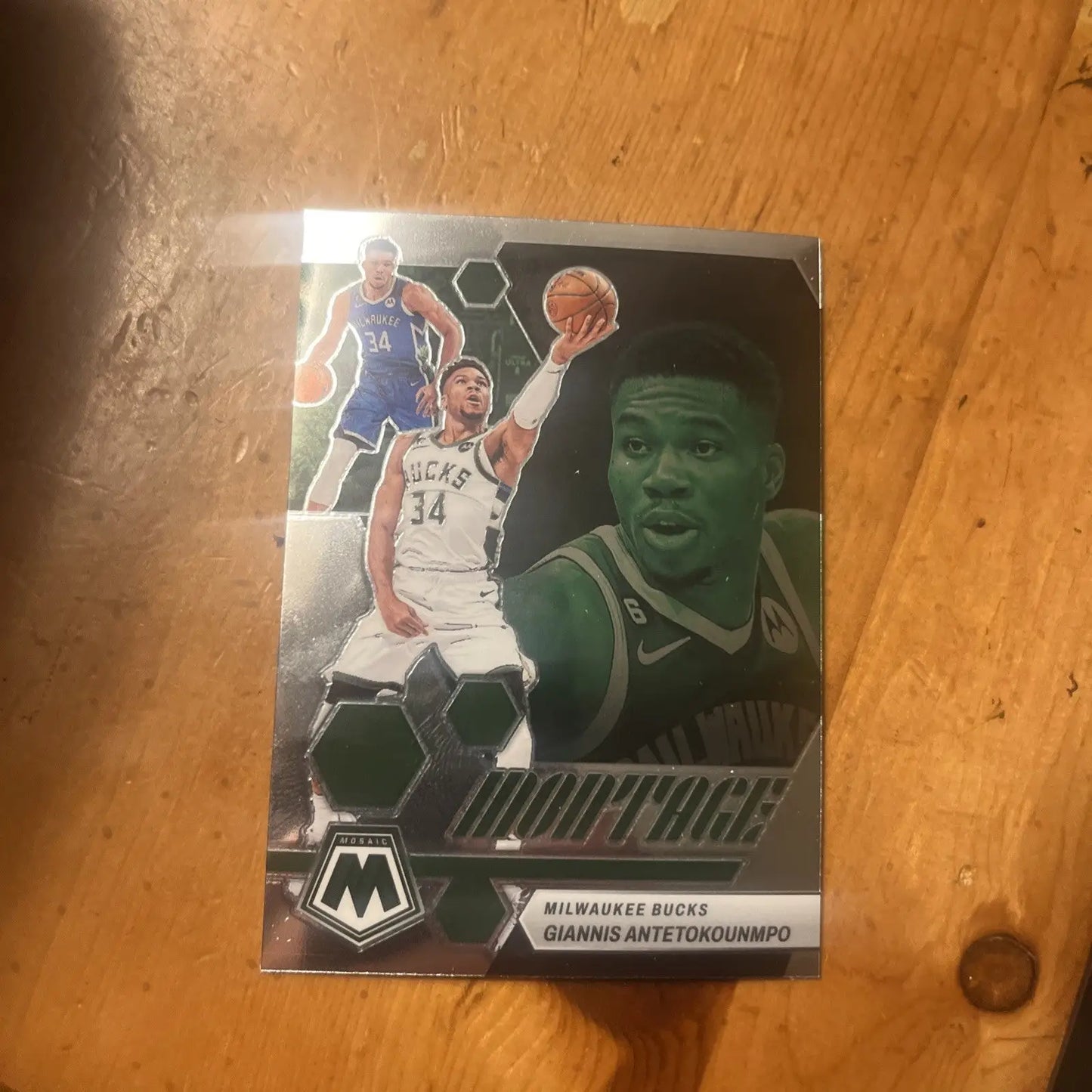 2022 Mosaic Giannis Antetokounmpo Montage #21 card featuring the Bucks star player
