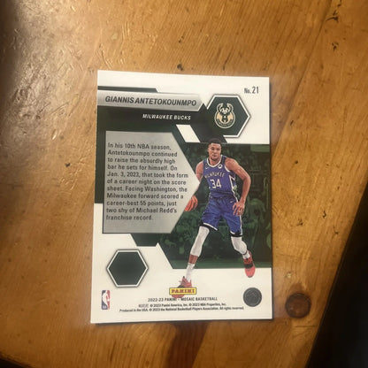 2022 Mosaic Giannis Antetokounmpo Montage #21 basketball card for Bucks fans
