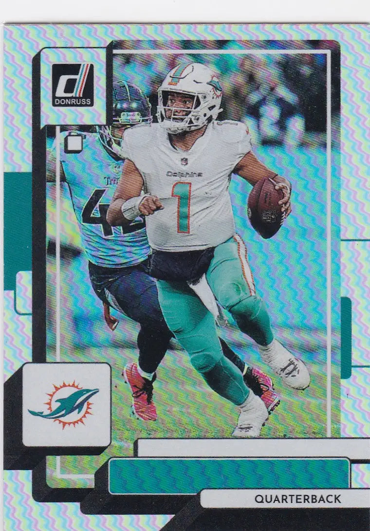 Football trading card featuring Tua Tagovailoa in Miami Dolphins uniform from Panin Donruss