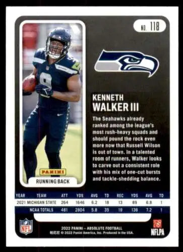 NFL trading card of Kenneth Walker III from 2022 Panini Absolute with original gloss