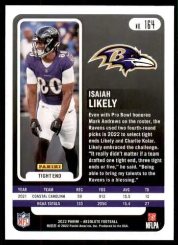 NFL trading card of Isaiah Likely from 2022 Panini Absolute with original gloss finish