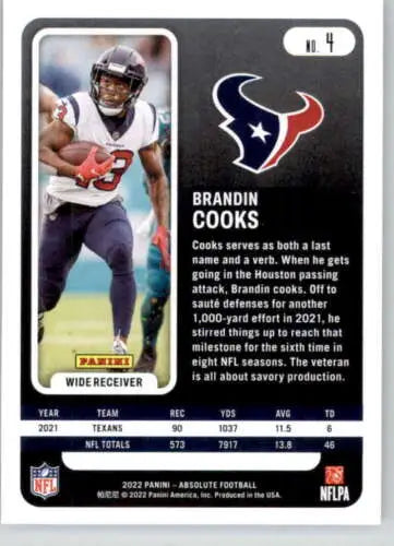 2022 Panini Absolute Brandin Cooks football card with original gloss in NM-MT condition