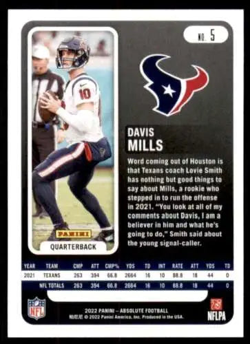 Original gloss 2022 Panini Absolute #5 Davis Mills football card for Texans fans