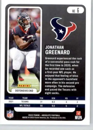 Original gloss 2022 Panini Absolute #6 Jonathan Greenard football trading card NM-MT