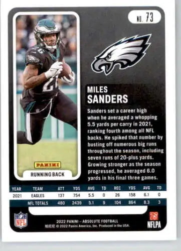 Football trading card of Miles Sanders in dark green uniform from Panini Absolute
