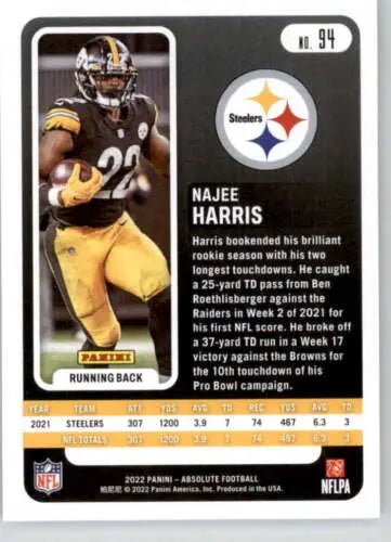 Najee Harris 2022 Panini Absolute #94 football card in original gloss condition