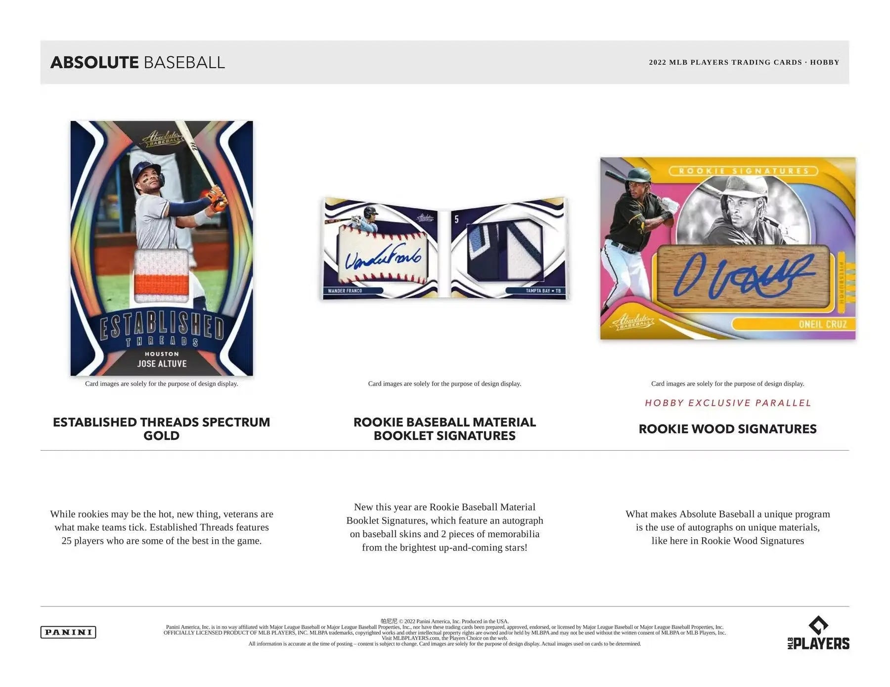 Three baseball trading card designs featuring rookie wood signatures in Absolute Baseball