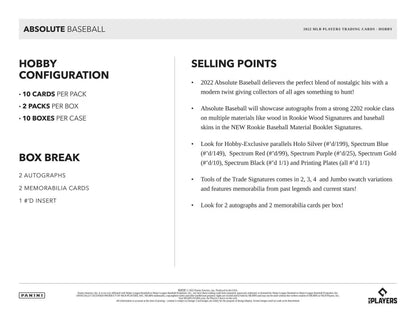 Product information page for 2022 Panini Absolute Baseball Hobby Box and selling points