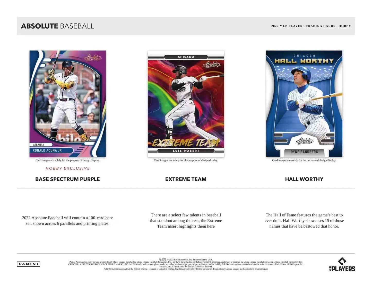 Three Baseball Trading Cards in a 2022 Panini Absolute Baseball display featuring rookie material