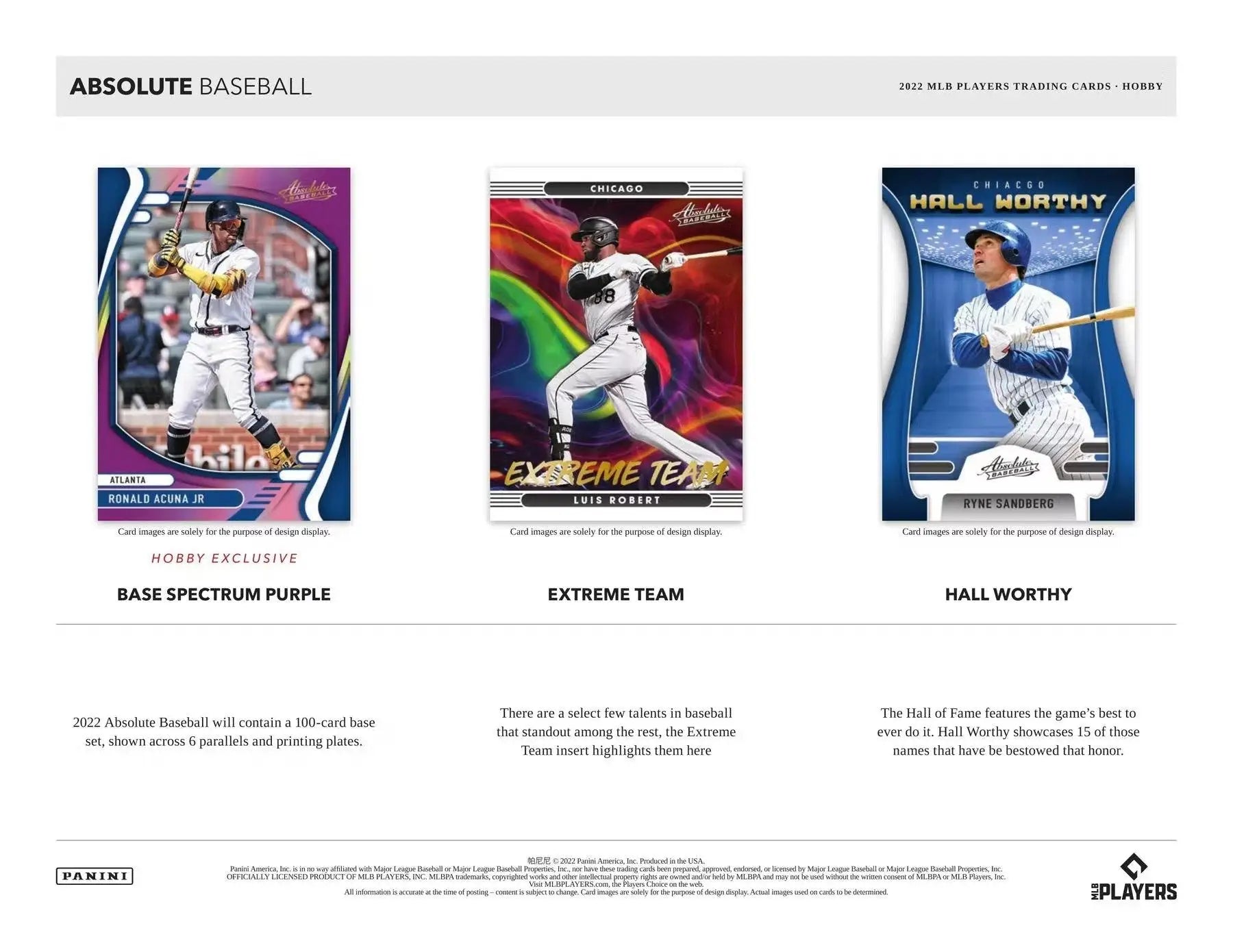 Three Baseball Trading Cards in a 2022 Panini Absolute Baseball display featuring rookie material
