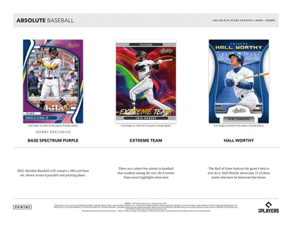Three Baseball Trading Cards in a 2022 Panini Absolute Baseball display featuring rookie material