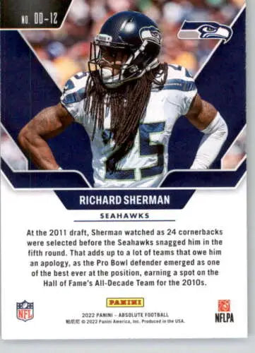 Football trading card of Richard Sherman in navy uniform from Panini Absolute Draft Diamonds