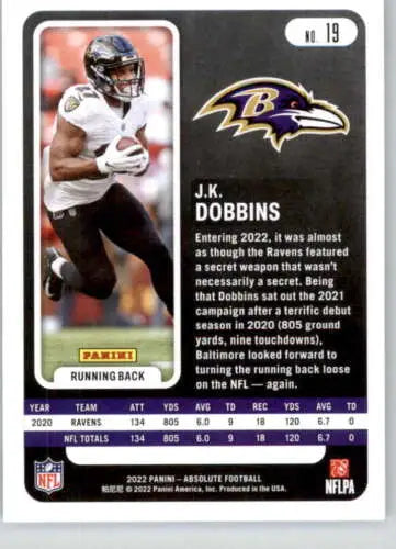 2022 Panini Absolute Green J.K. Dobbins football card in NM-MT condition