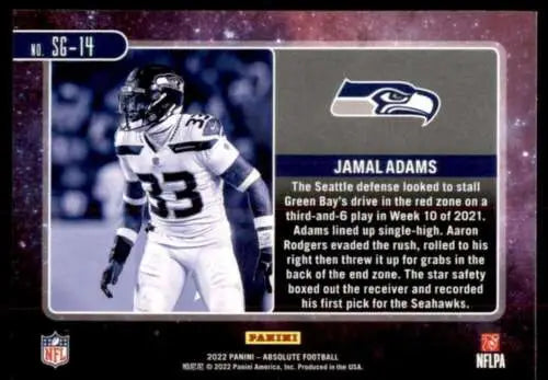 NFL trading card of Jamal Adams making a defensive play, 2022 Panini Absolute Star Gazing