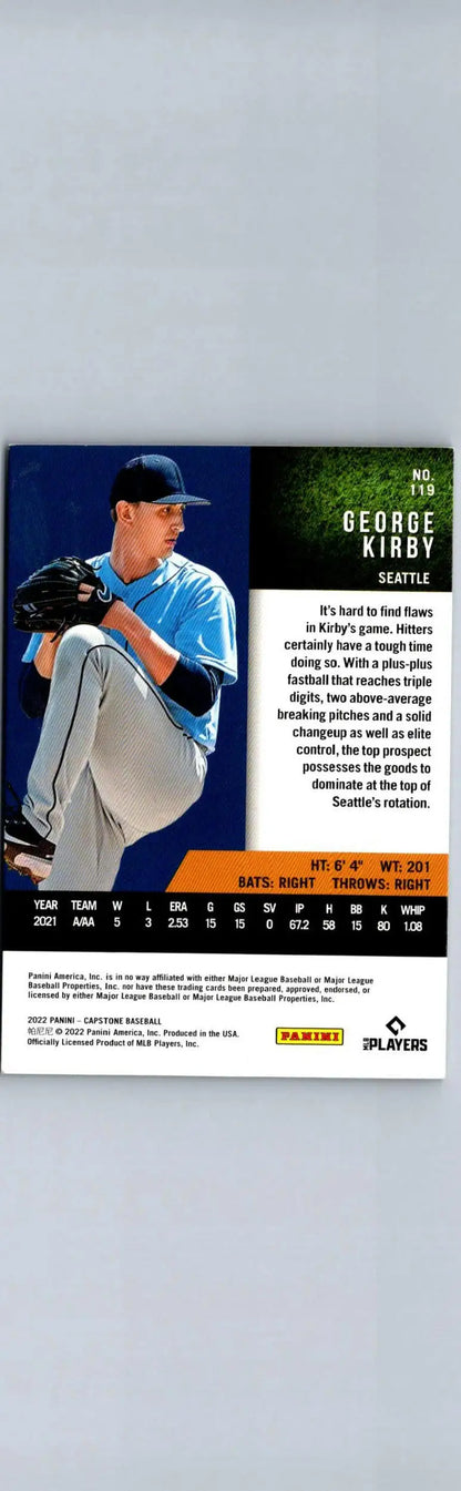 George Kirby baseball card from 2022 Panini Capstone featuring George Kirby Blue