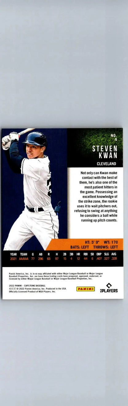 Steven Kwan baseball card from 2022 Panini Capstone featuring Steven Kwan Blue design