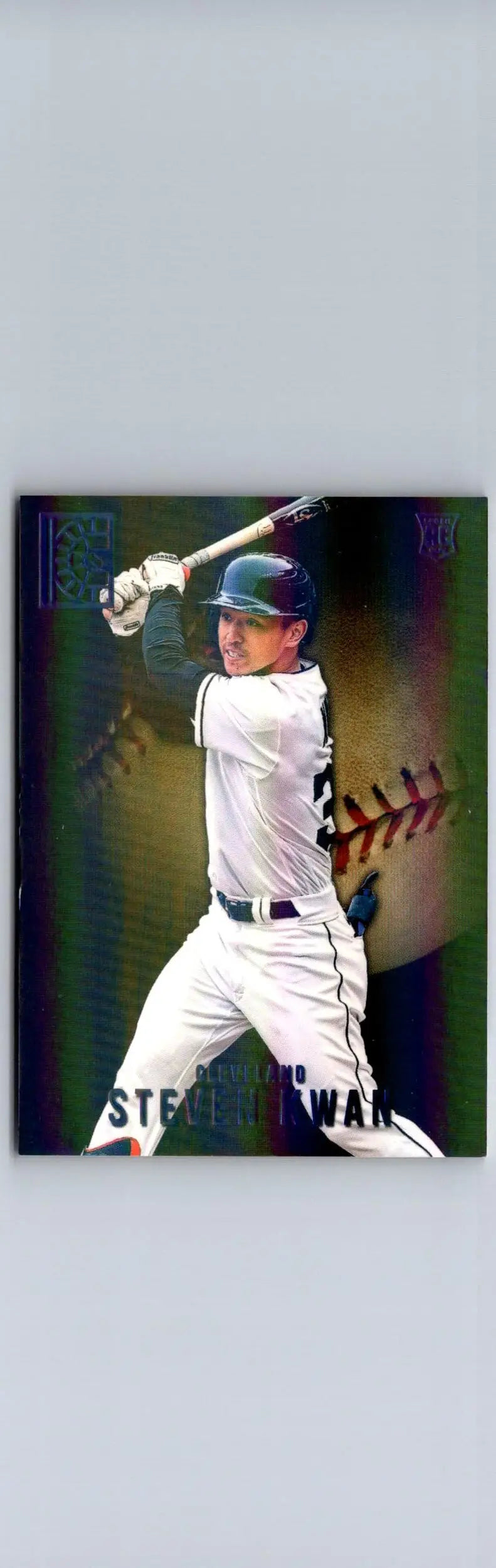 Baseball card of Steven Kwan in his 2022 Panini Capstone Kwan Blue edition
