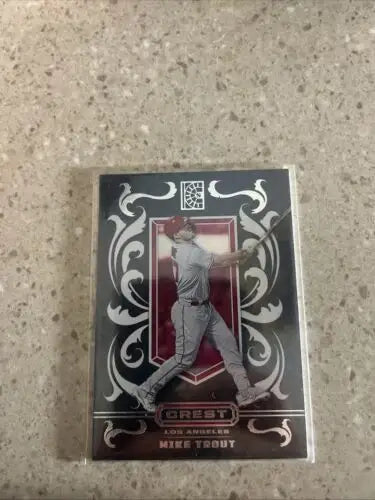 Mike Trout baseball card from 2022 Panini Capstone Crest series, showcasing Crest Mike Trout